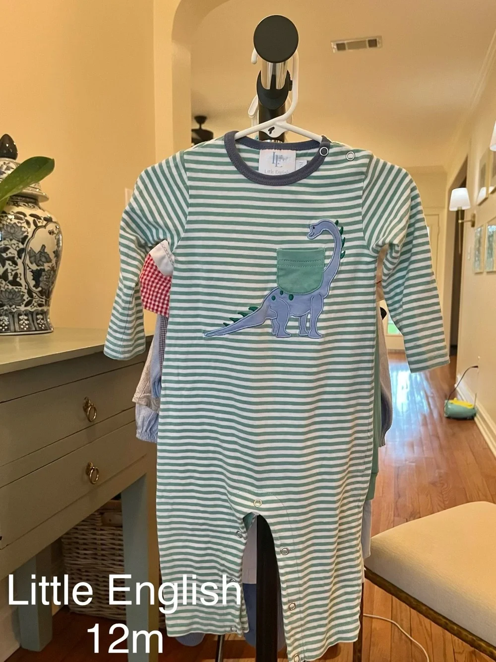 Little English Green and White Striped Dinosaur Appliqué Romper